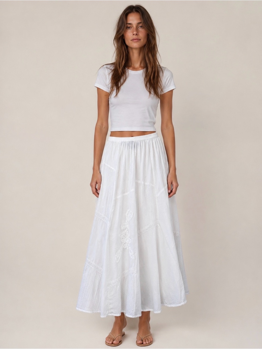 Vintage 90s Elementz White Embroidered Cotton Maxi Skirt S/M